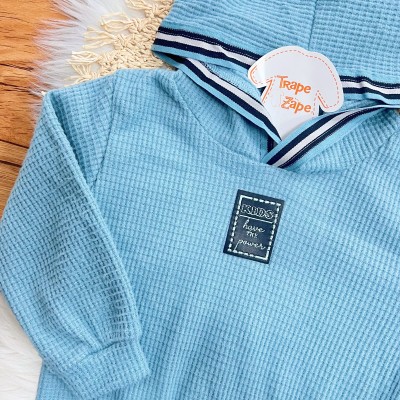 Conj. Casaco com Capuz Have This Power e Calça em Malha Wafle - Azul Jeans